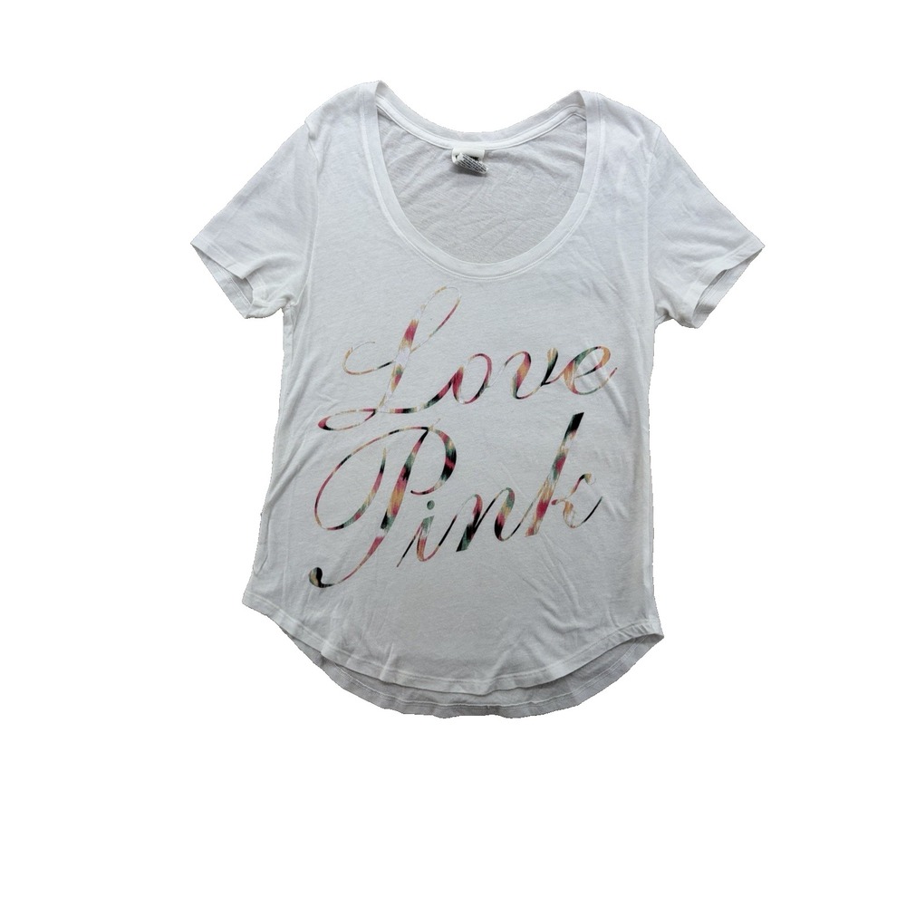 Y2K mall fashion LOVE PINK scoop neck white graphic tee shirt womens size XS
